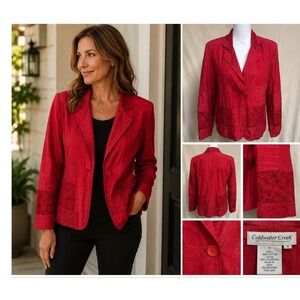 Coldwater Creek Patchwork Blazer Womens Medium Red Excel Lace Eyelet Jacket